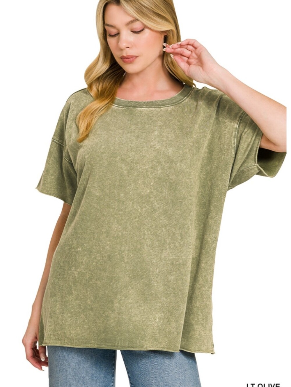 New Zenana Light Olive Acid Wash French Terry Top Plus Size